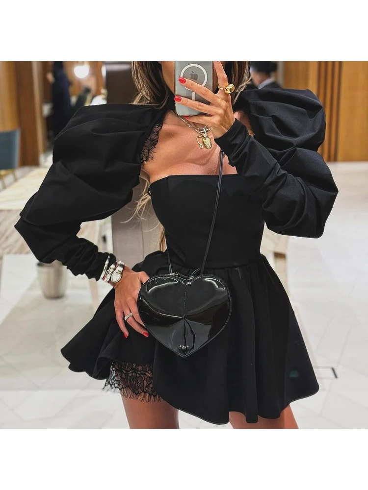 Aynaray 2024 Autumn Winter Women Long Sleeve Sexy Solid Black Bodycon Mini Skater Dress Female