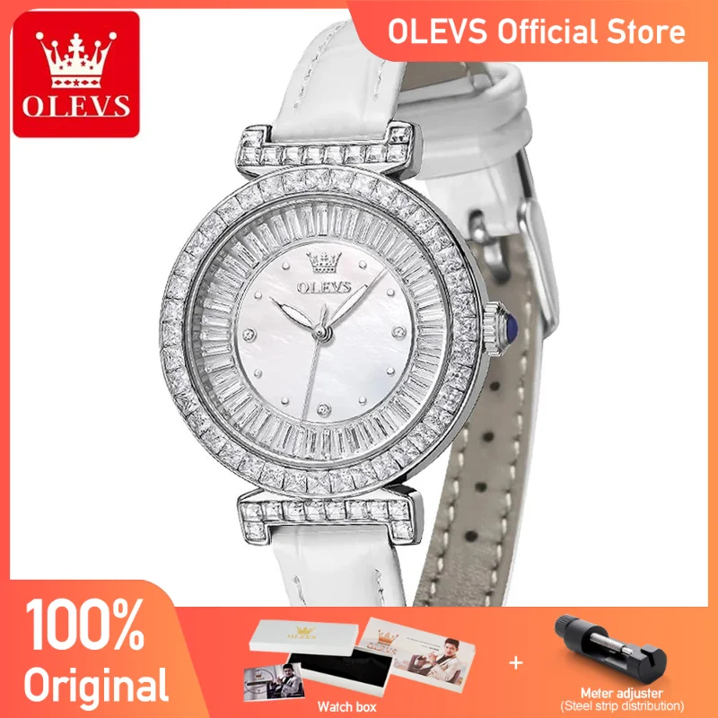 OLEVS-relojes ligeros de lujo para mujer, reloj de cuarzo Original a la moda, correa de cuero resistente al agua, esfera con anillo de diamante