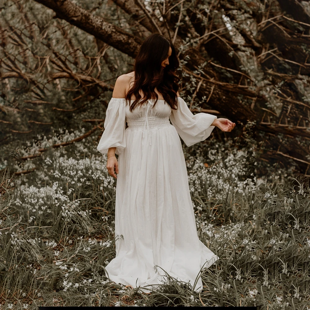 Boho Chiffon Maternity Photography Dresses Off Shoulder Pregnancy Dress White Puff Sleeve Photo Shoot Outfits Beach Gown - view 4