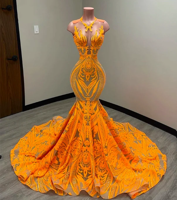 

Orange Sparkly Lace Sequin Mermaid Prom Dresses Long for Women 2025 Crew Neckline Formal Evening Gowns Customized