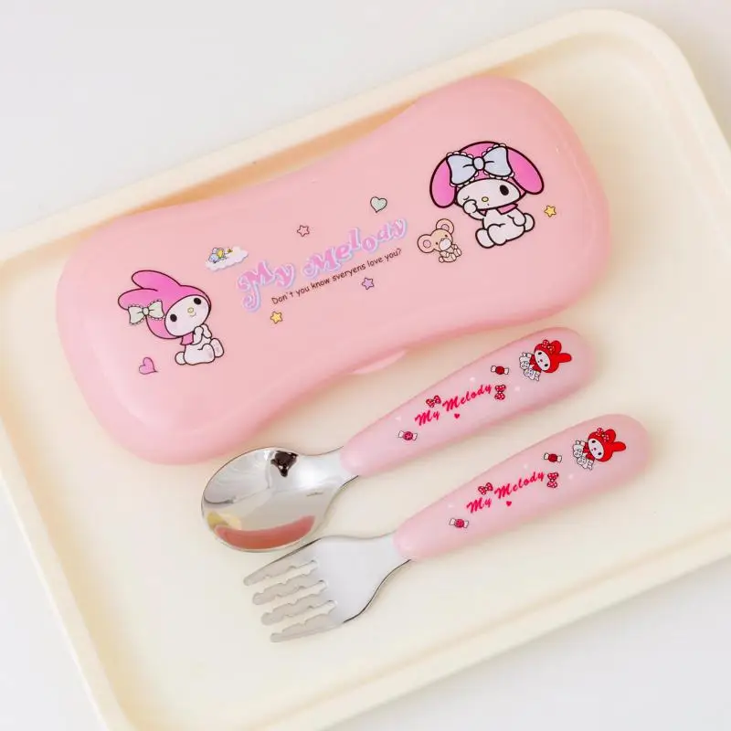 Sanrio Set peralatan makan anak-anak, bahan baja tahan karat 2 buah sendok garpu sendok Kuromi peralatan makan siswa mainan untuk anak-anak