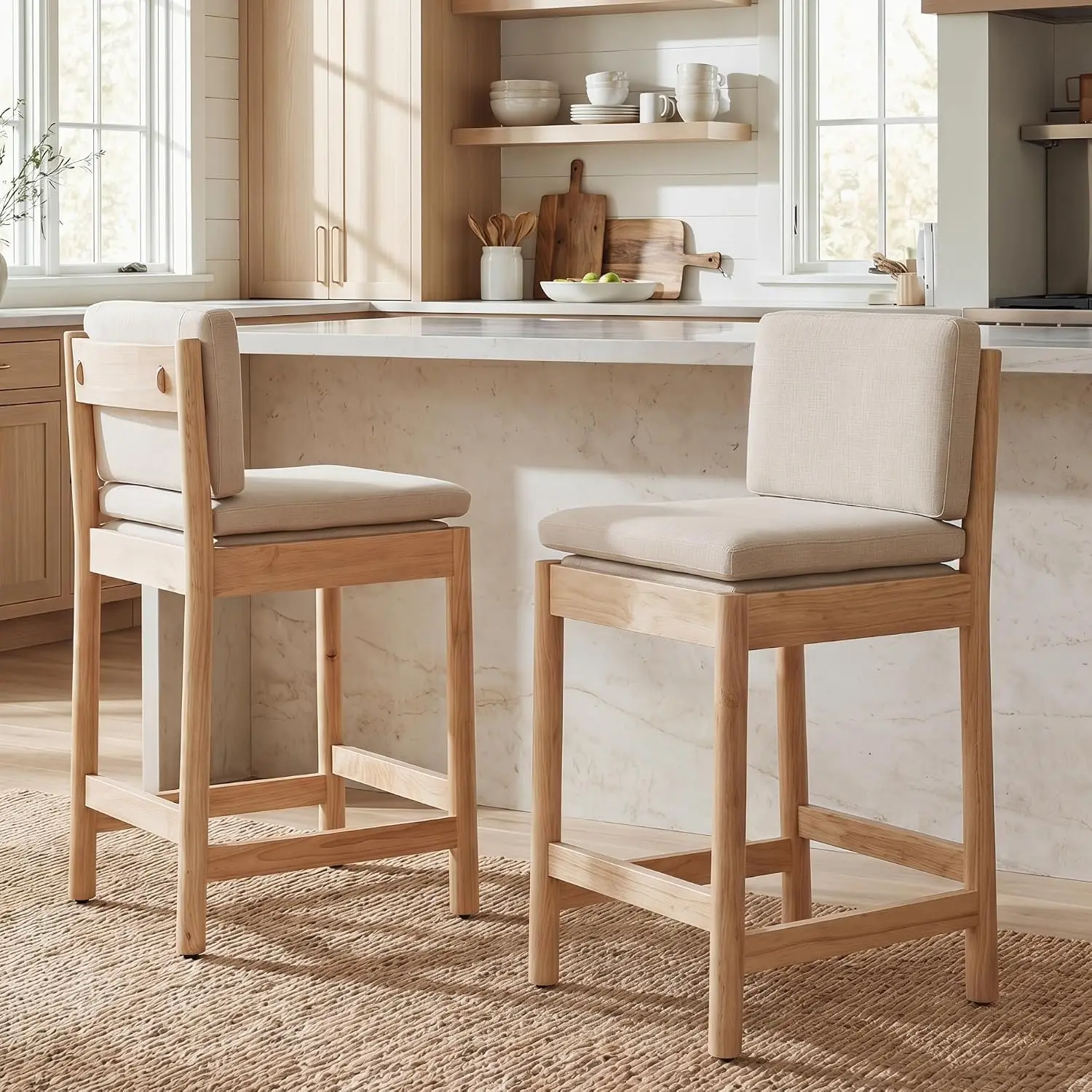 26 Inch Bar Stools Set of 2 Beige Linen Upholstered Counter Height Kitchen Dining Chairs, Customized