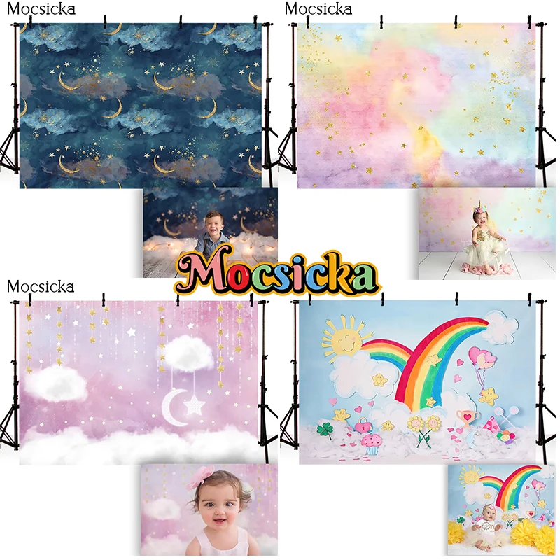 

Rainbow Birthday Backdrop for Photography Blue Sky Cloud Newborn Kids Portrait Cake Smash Background Baby Photo Studio Photocall