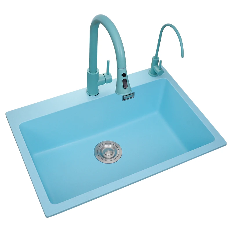 Peacock blue colored quartz stone sink single sink kitchen vegetable basin granite dishwasher thickened household under-counter
