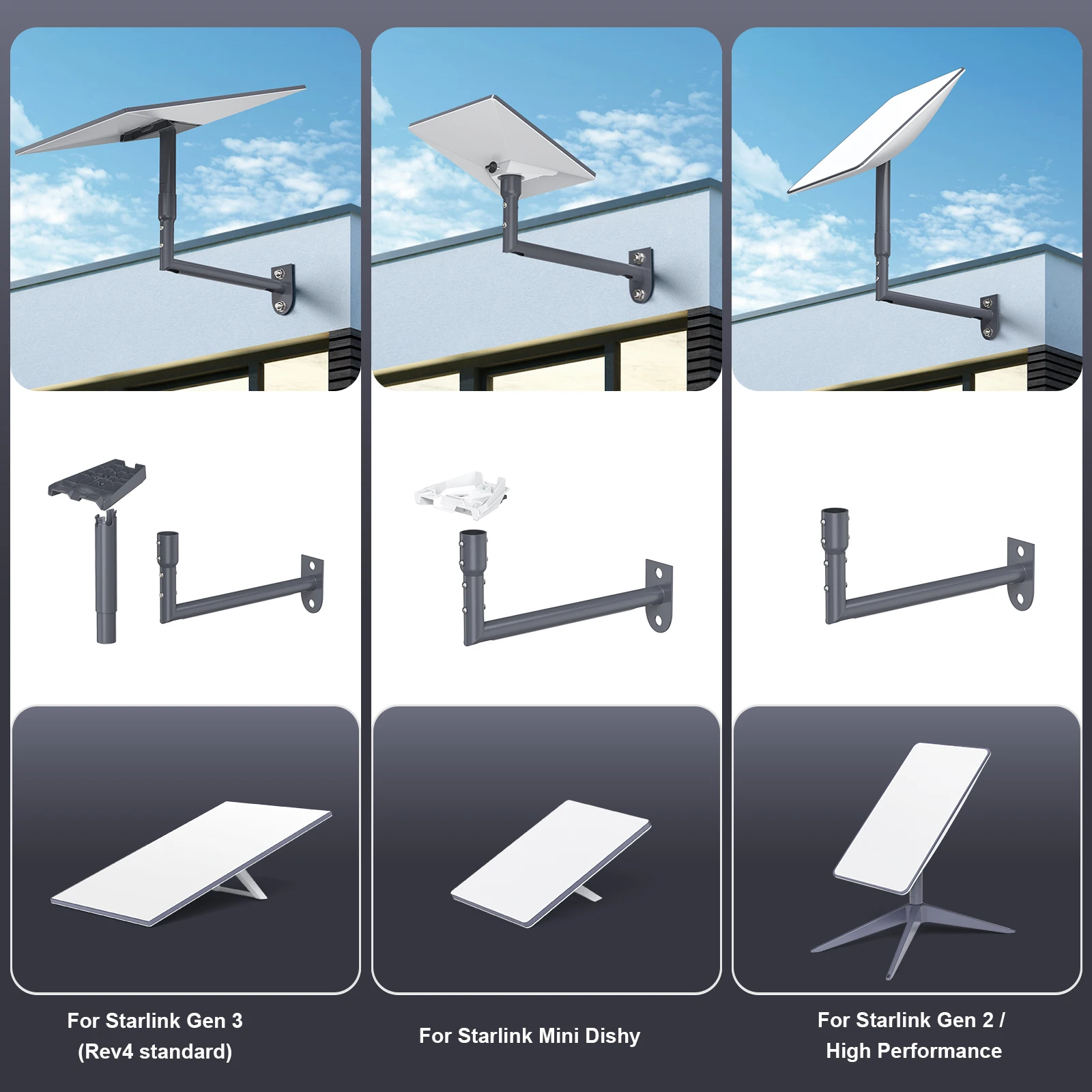 Roof Mount for Starlink Gen3 Heavy Duty Alloy Steel Mount with Starlink V3 Adapter Adjustable Mounts for Concrete / Wood Walls