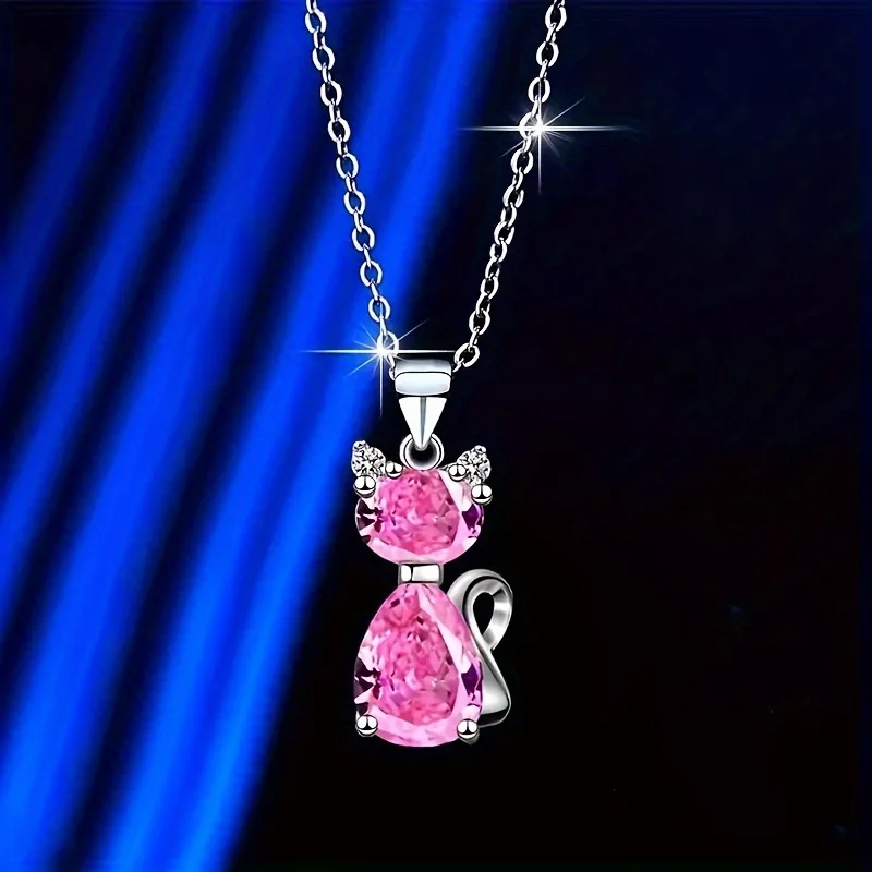 

Shiny Pink Crystal Zircon Cat Pendant Necklace for Women Girls Silver Color Thin Chain Party Jewelry Gift