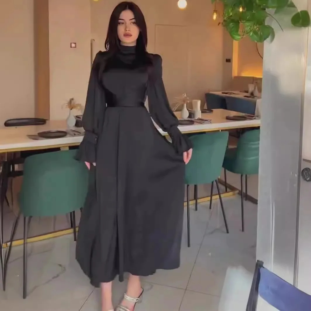 Long Dress New in Spring Fashion Satin Long Sleeves Elegant Robe Dress with Waist High Neck for Women's Commuting Evening Dress