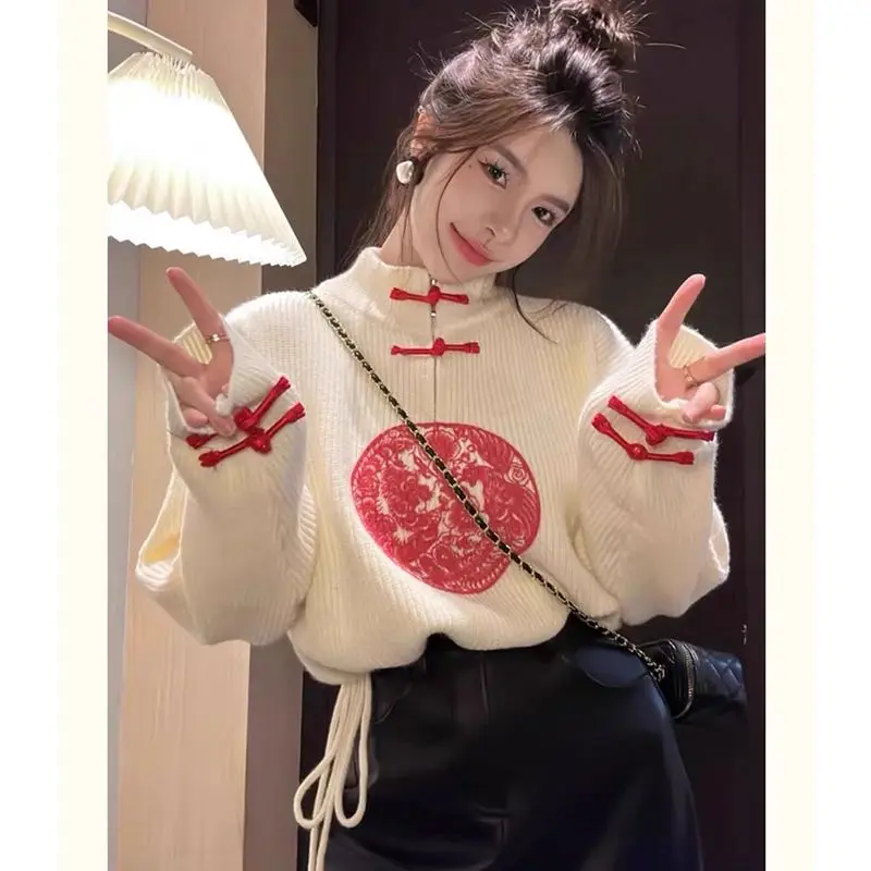 Women Autumn Fashion chinese style frog Embroidered Mock Neck Long sleeve Knitwear women clothes elegant trend knitting tops