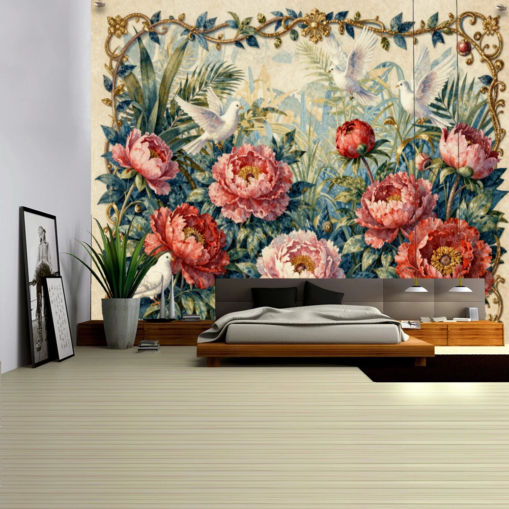 Red Peony and White Dove Printed Tapestry Wall Hanging Vintage Bohemian Style Living Room Bedroom Home Decor