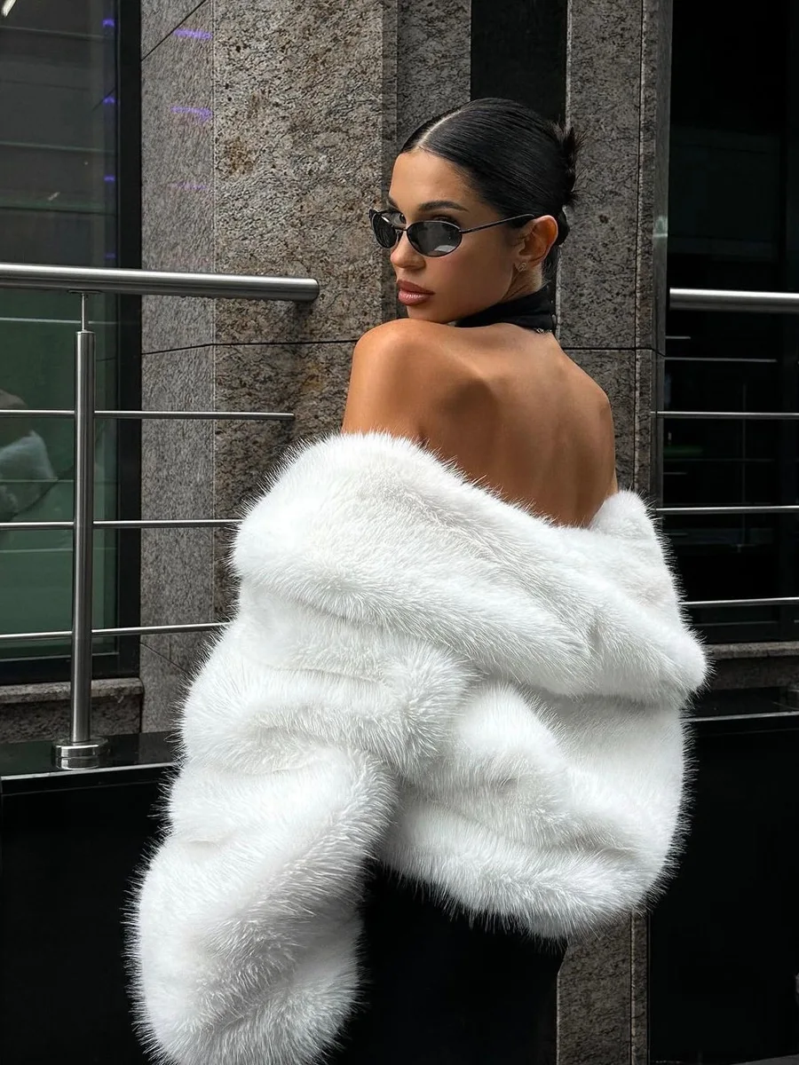 Women White Faux Fur Cropped Jacket Shawl Collar Long Sleeve Loose Fit Winter Coat