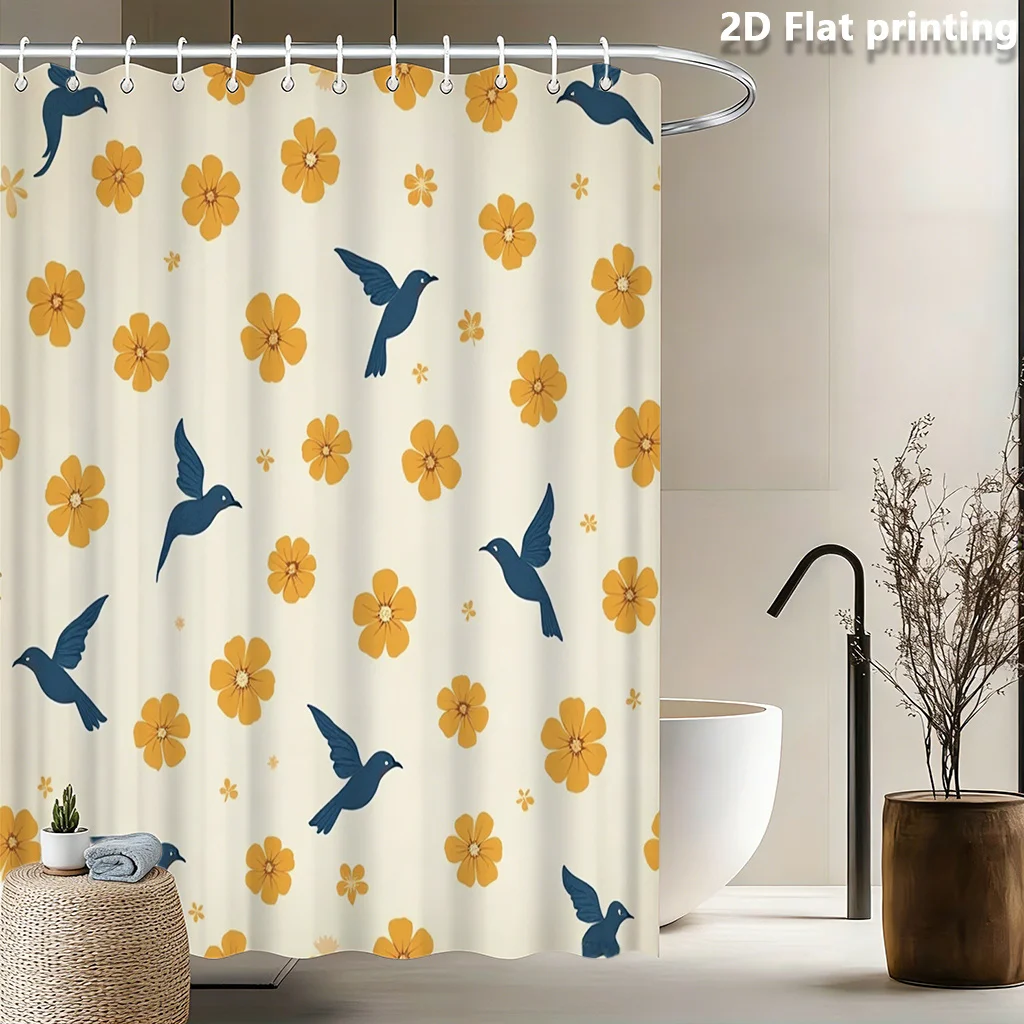 

Watercolor Floral Bird Shower Curtain Boho Bathroom Decor Cute Yellow Flower Print Waterproof 180x180cm