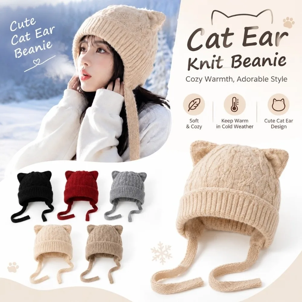 Durable Windproof Cat Ear Knit Hat 3D Cat Ear Skin Friendly Soft Beanie Stretchy Fit Warm Knitted Head Cover Winter Commuting
