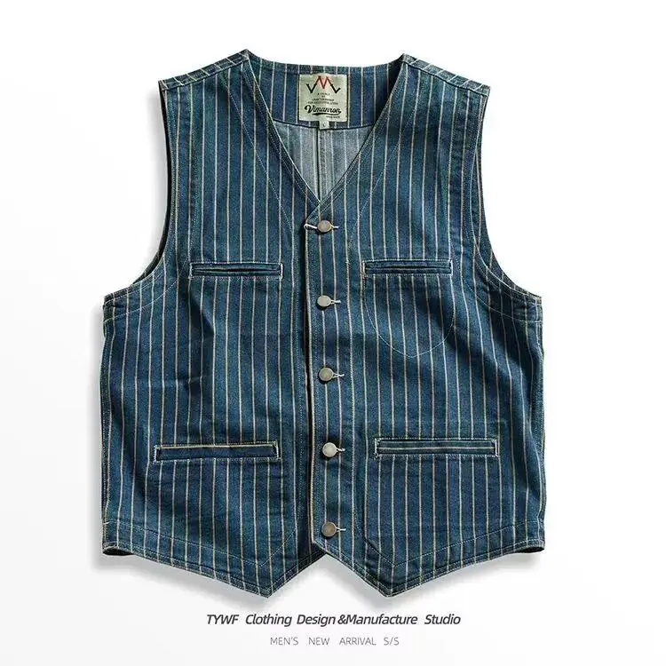 Japanese Retro Khaki Trend American Striped Workwear Vest Washed Tank Top Denim Sleeveless Waistcoat Blazer