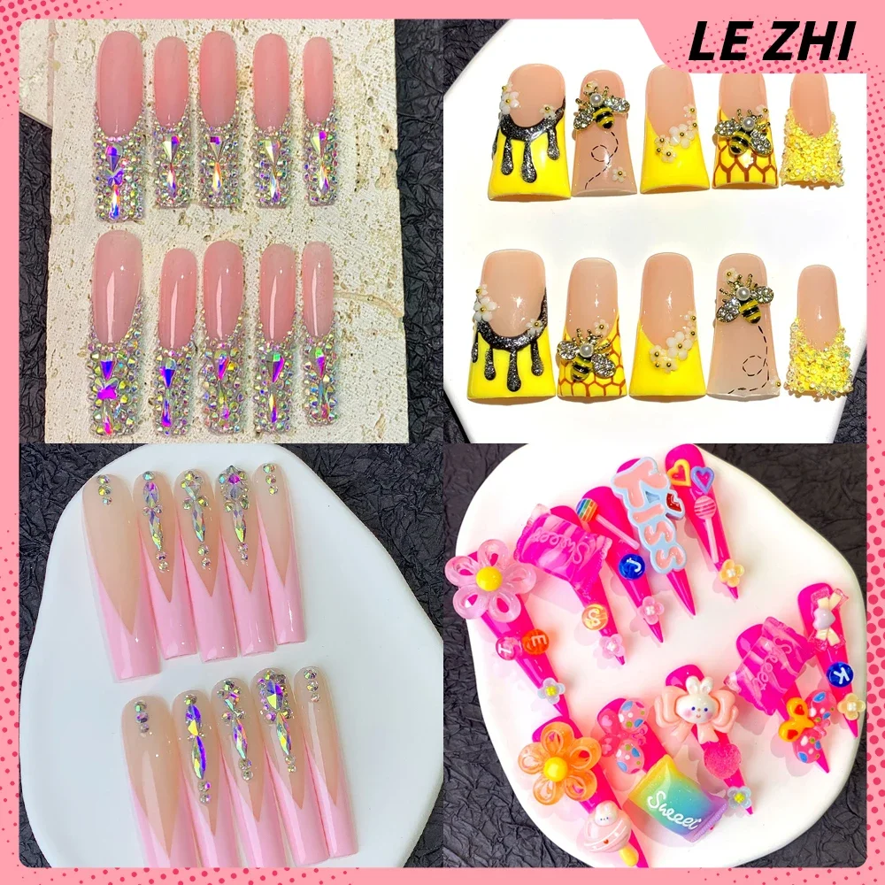 10Pcs Xxl Long Square Stiletto Handmade Press On Nails Butterfly Ab Diamond Glitter Powder French False Nail Party Stickers