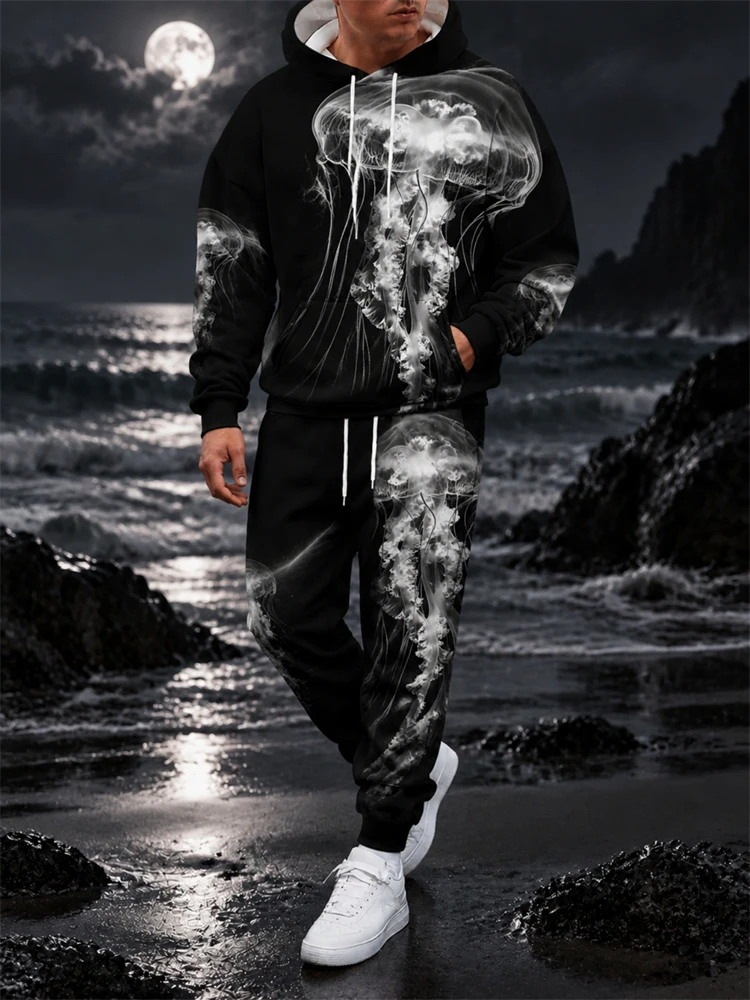 New Fall/Winter Sweatshirt Set T-Rex Print Set Men's Hoodie, Drawstring Sweatpants—A Stylish Two-Piece Set For Parties view 3