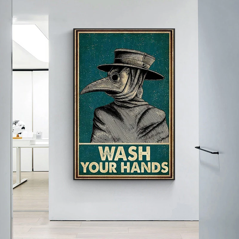 Plague Doctor Wash Your Hand Bathroom Poster Canvas Painting Retro Public Health Wall Art For Toilet Office Room Home Decoration