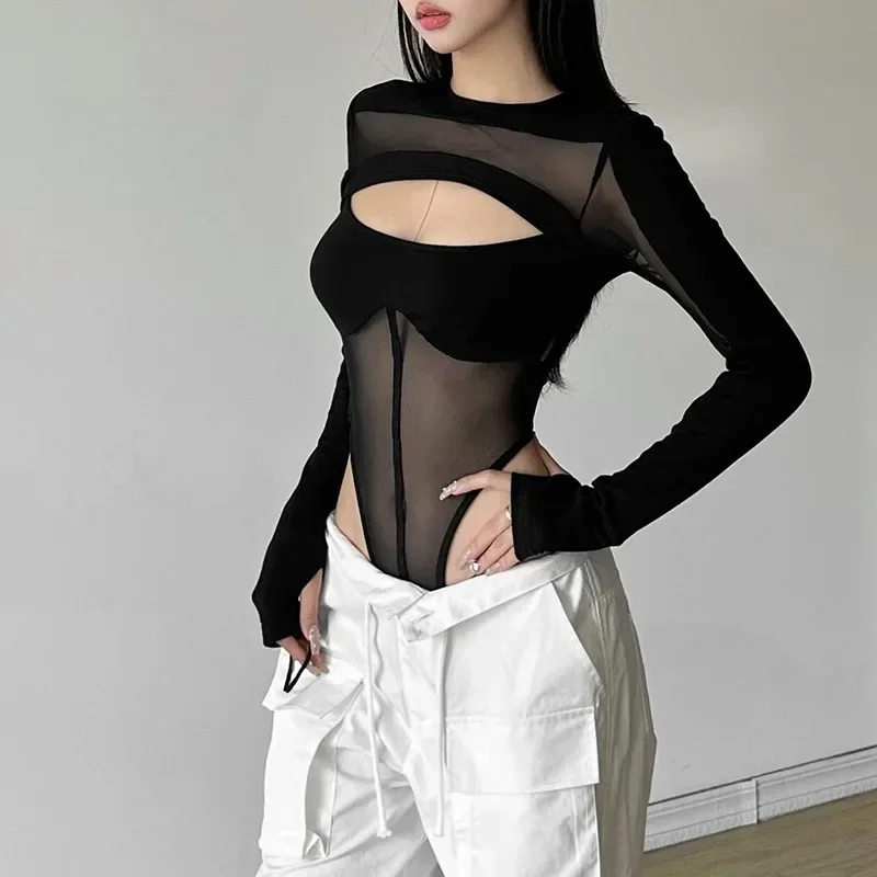 2024 New Retro Dark Mesh Patchwork See Through Bodysuits Sexy Hollow Out One-Piece Top Gothic Women Skinny Bodysuit Y2K Techwear
