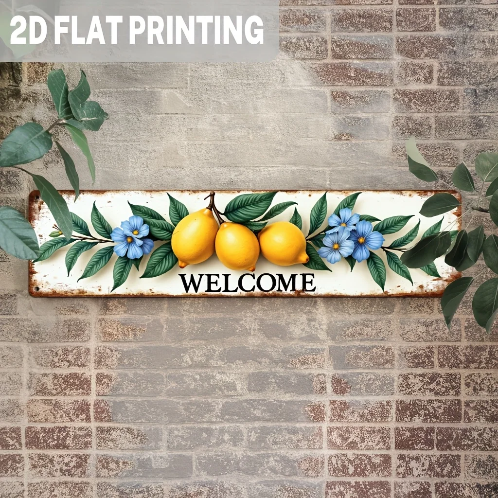 2D Flat, 1pc Rustic Welcome Lemon & Blue Flower Metal Sign - Citrus Blossom Theme, Vintage Farmhouse Wall Decor for Kitchen