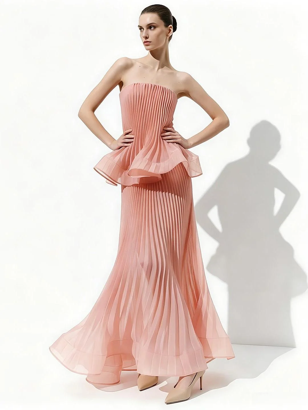 Elegant Summer Wedding Guest Skirt Set with Pannier Interior V-Neckline Sleeveless Slim Fit Fish Tail Gown Draped Swishy Pink