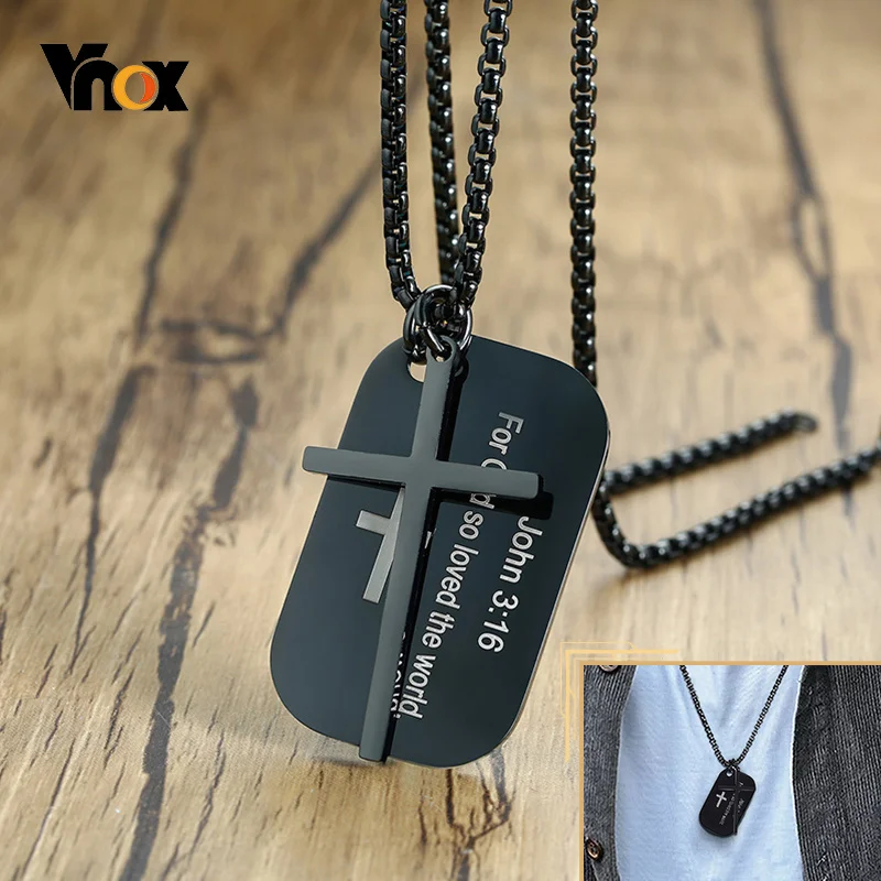 Vnox Personalized The Bible Cross Dog Tag Necklaces for Men Women, Black Stainless Steel Custom Prayer Christian Jewelry