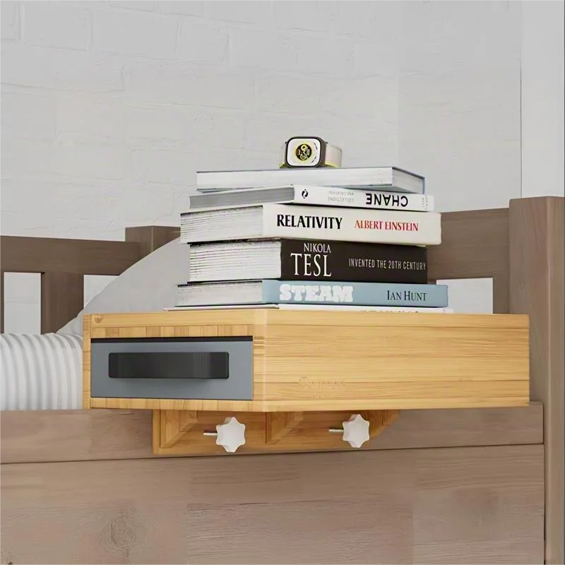 Flexible Bamboo Clip-on Table Tray Caddy Hanging Bedside Storage Box with Drawer for Bunk Bed