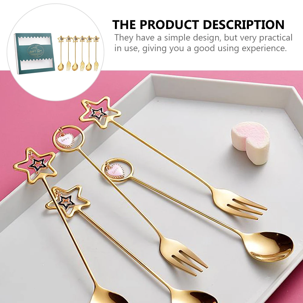 

Star Pendant Spoon Fork Set Stainless Dessert Mixing Mini Smooth Surface Practical Use Long Lasting Gift