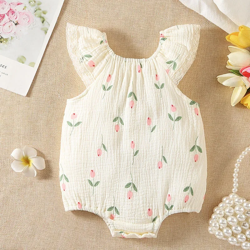 2025 New Summer Korean Style Climbing Suit Flying Sleeve Cotton Print Newborn Baby Girls Romper 0-24M Baby Girls Clothing