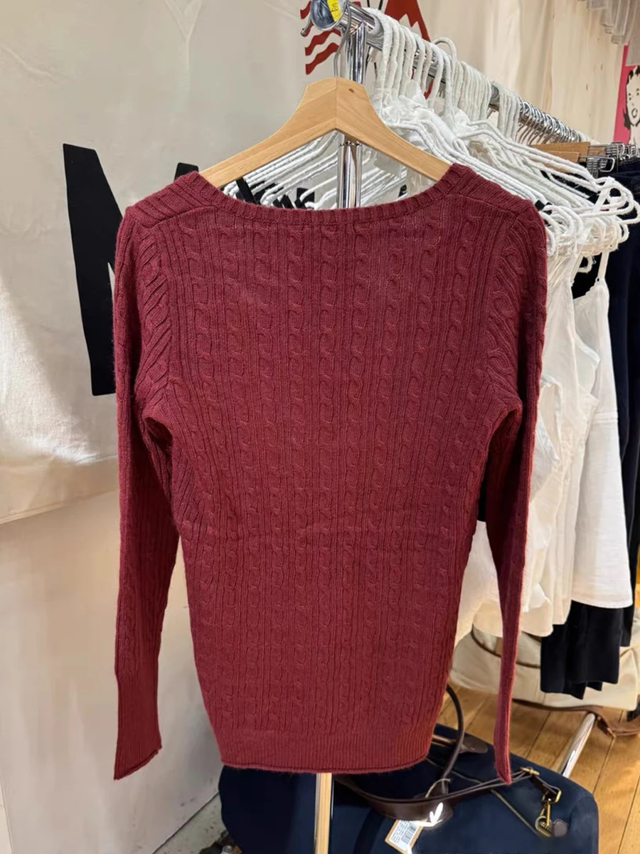 Vintage Burgundy Knit Twist Flower Sweater Autumn Long Sleeve V-neck Slim Knitwear Tops Women Solid Simple Casual Sweet Jumpers