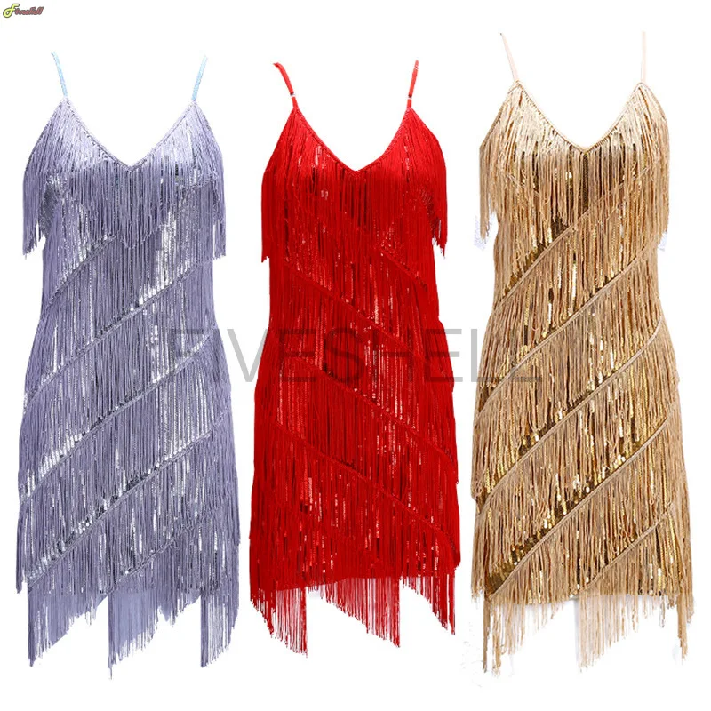 

New 1920s Flapper Banquet Sequin Tassel Great Gatsby Charleston Vintage Party Evening Dress Costume Sling Latin Dance Skirt