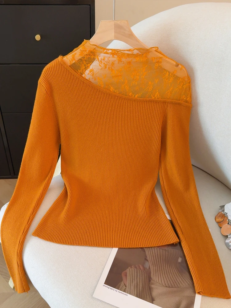 

Lace Splicing f High Collar Knitted Sweater Women's Autumn Winter Inner Wear Unique Slim Fit Base irt Gentle Sle Ci ...
