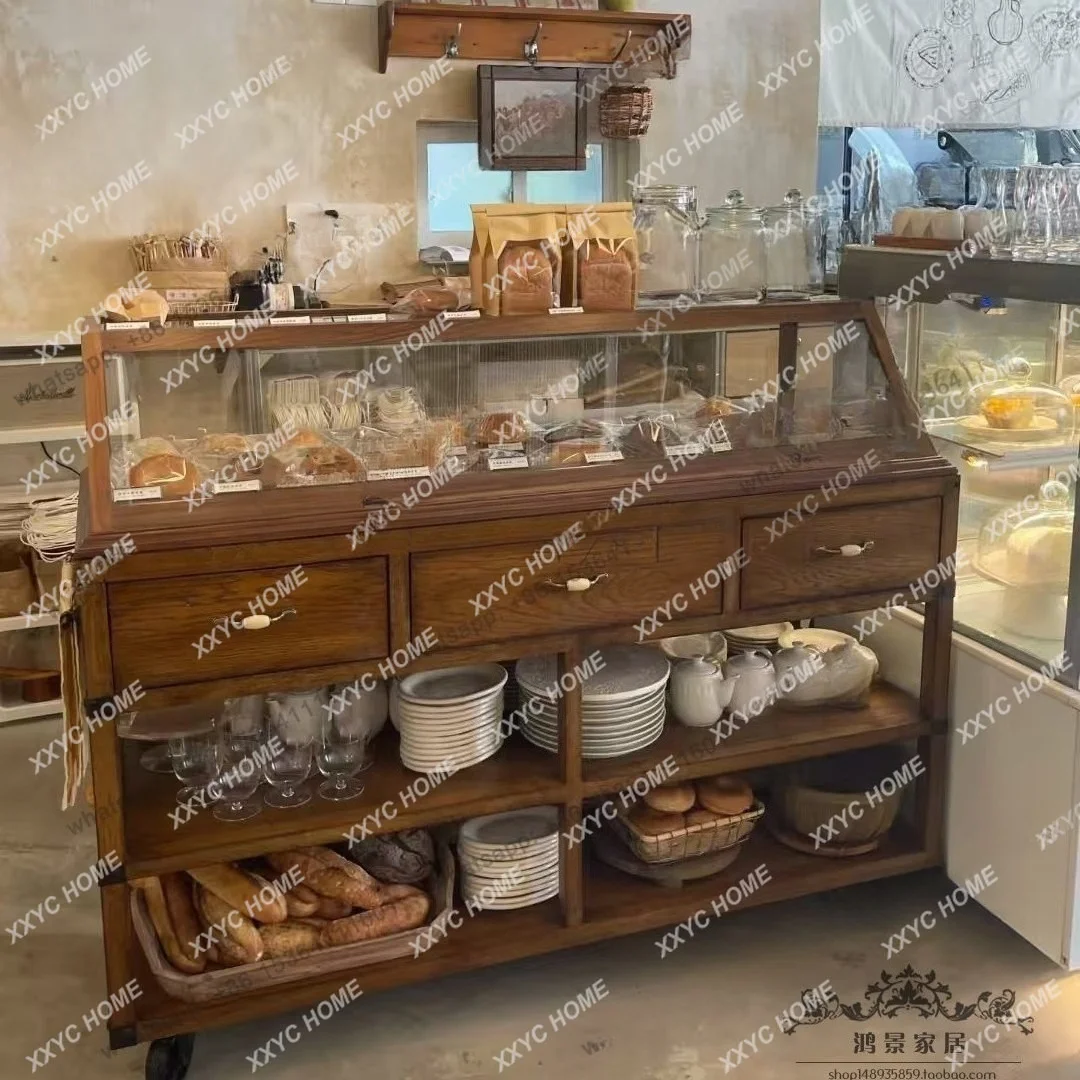 

retro coffee bread side cabinet sliding door storage display glass cabinet