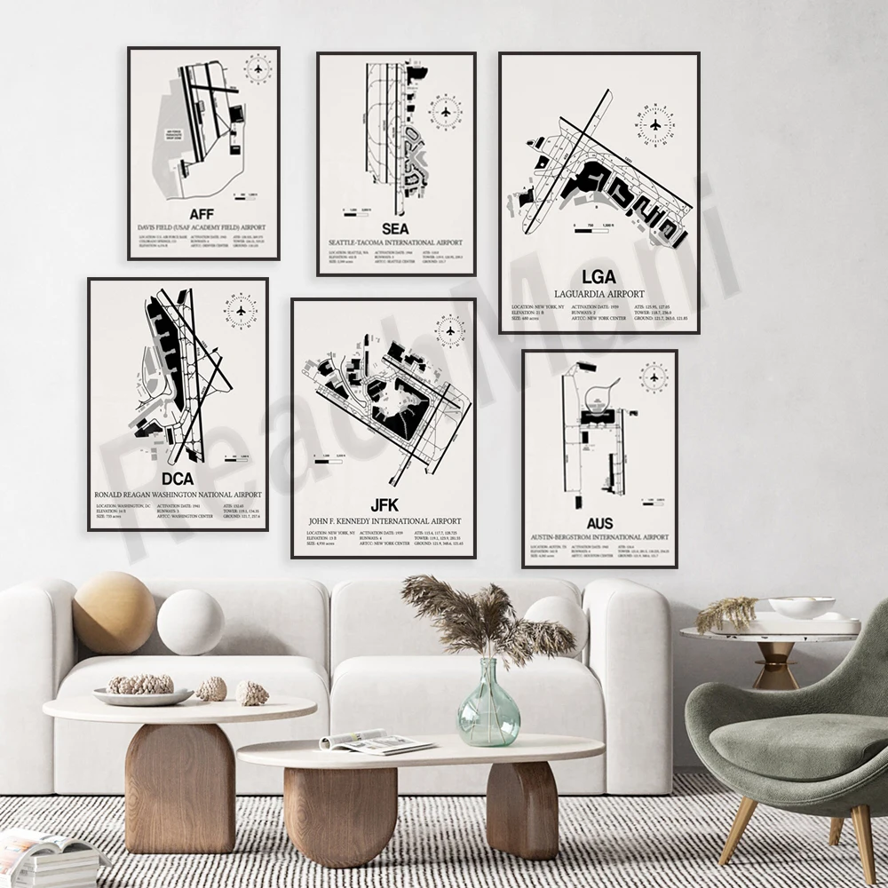 Airport maps, Miami, LaGuardia, Philadelphia, Phoenix Sky Harbor International Airport posters, aviation decorations, pilot gift