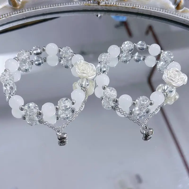 Women's White Flower Bracelet 1/5Pcs with Delicate Bell Charm and Crystal Beads for Events