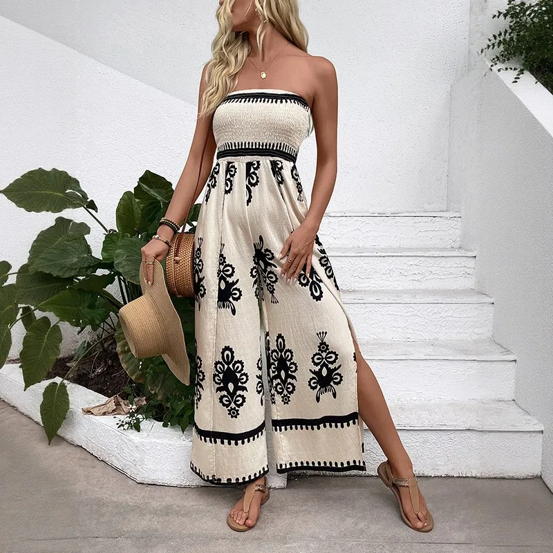 Women's Summer Jumpsuit High Waist Long Pants Romper Strapless Side Slit Smocked Bodice Maxi Length Wide Leg Jumpsuit