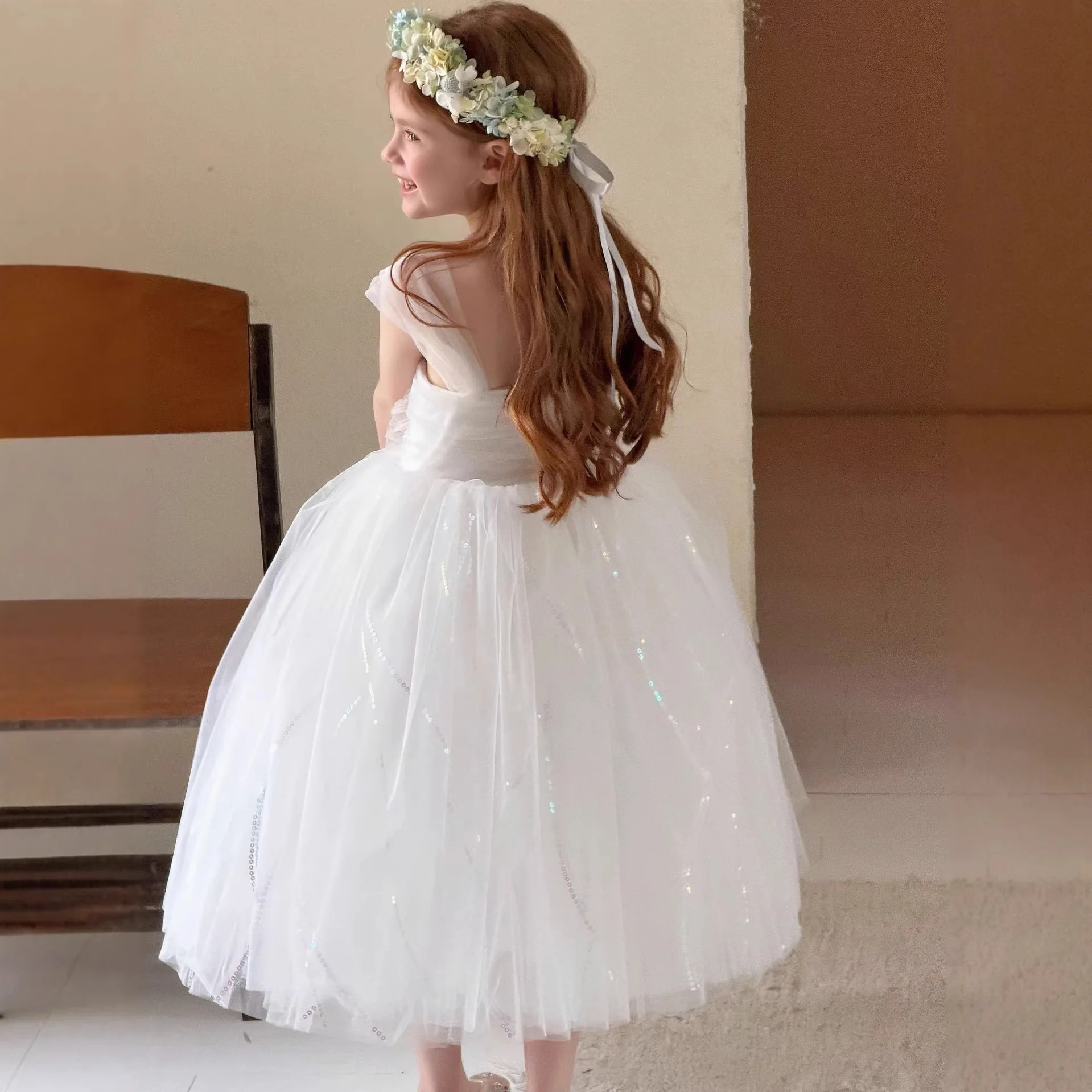 Girls White Mesh Princess Dress 2026 Spring Summer New Girls Sleeveless Swan Puff Dress Fashion Children Clothing