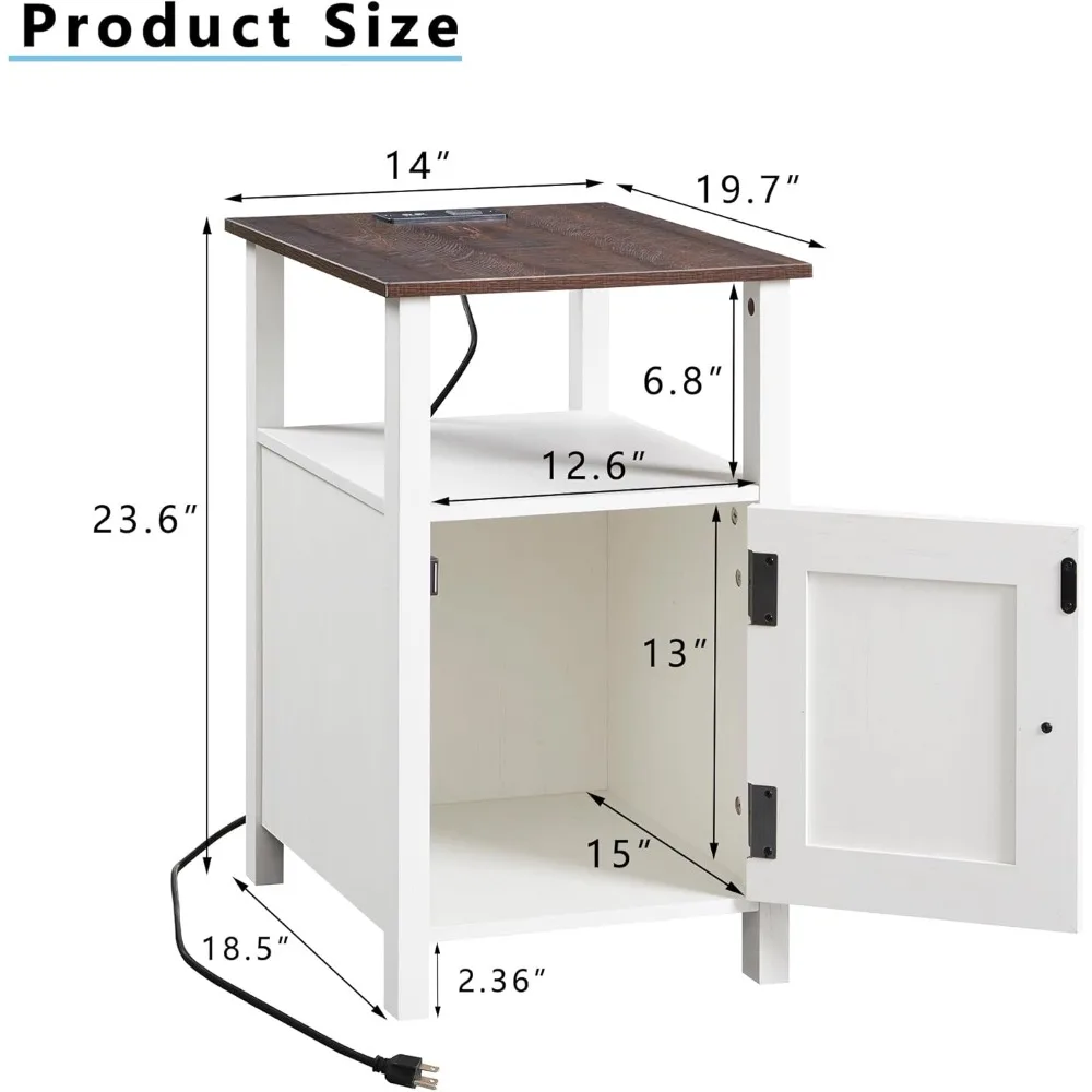 Набор из 2 прикроватных тумбочек для фермерского дома, торцевой столик с зарядной станцией, приставной столик в деревенском стиле с дверцами и открытыми полками, прикроватная тумбочка со стойкой