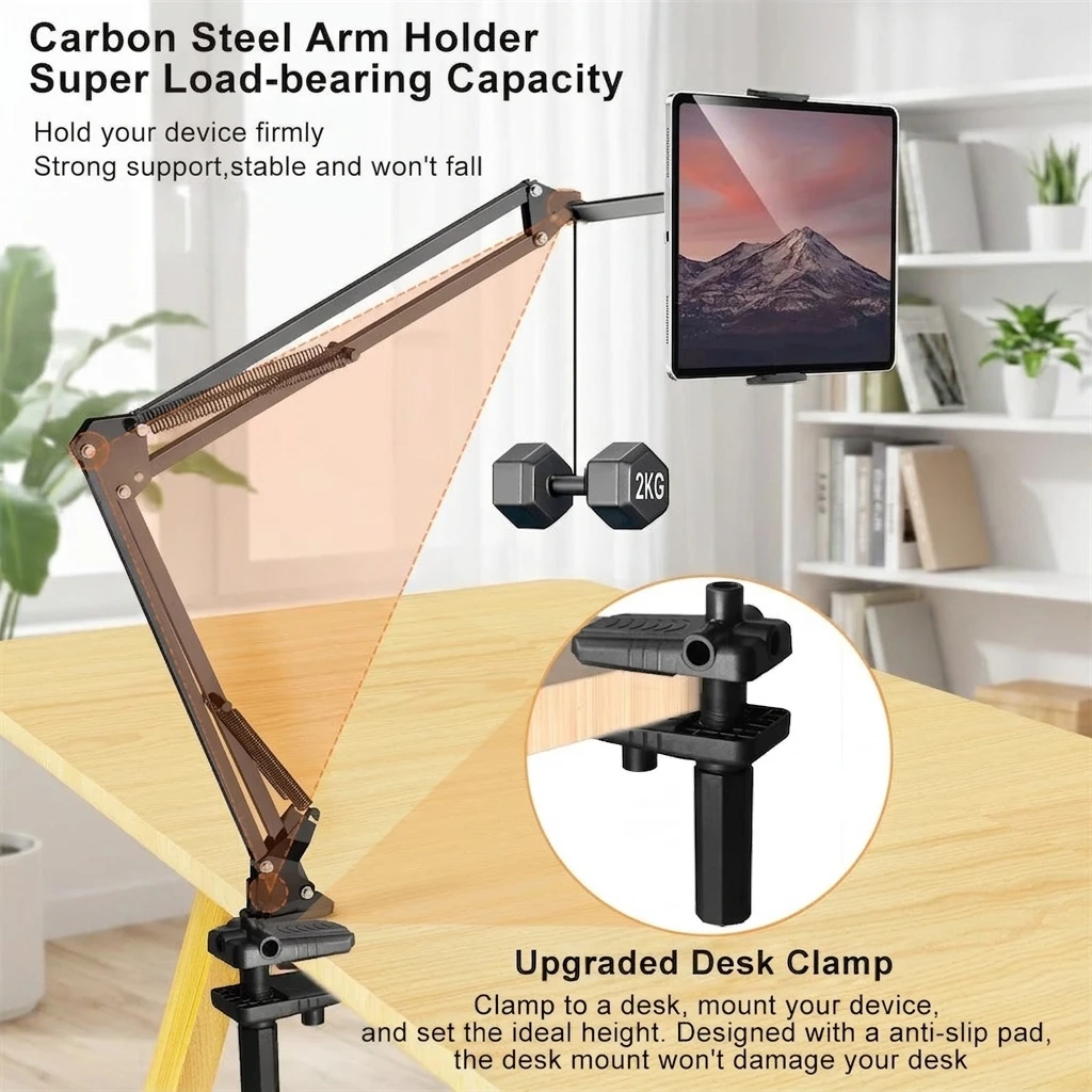 Tablet Mount Stand Bracket for Bed, 90cm Metal Arm 360° Rotating Tablet Holder for iPad Phone 4.5‑11 Inch