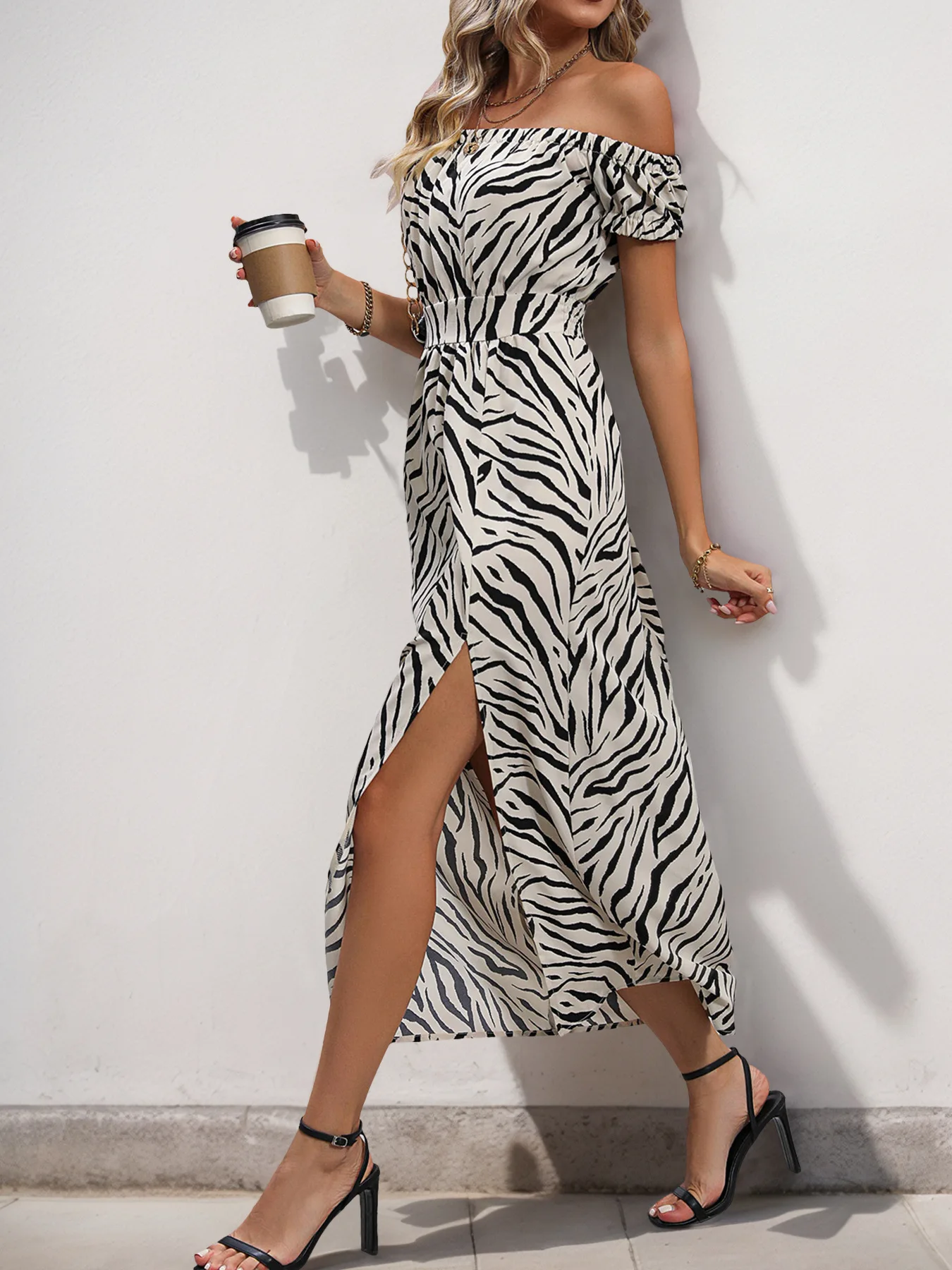 فستان نسائي عصري موديل 2025 بطباعة حمار وحشي متوسط الطول فستان غير رسمي بياقة واحدة مكشوف الأكتاف وأكمام قصيرة وفتحة عالية الخصر #5