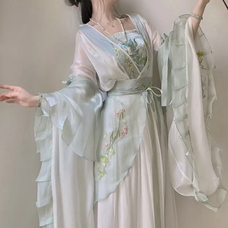 Hanfu Women Chinese Traditional Embroidery Stage Dance Dress Female Fairy Cosplay Costume Summer Hanfu Green White Dress Gift