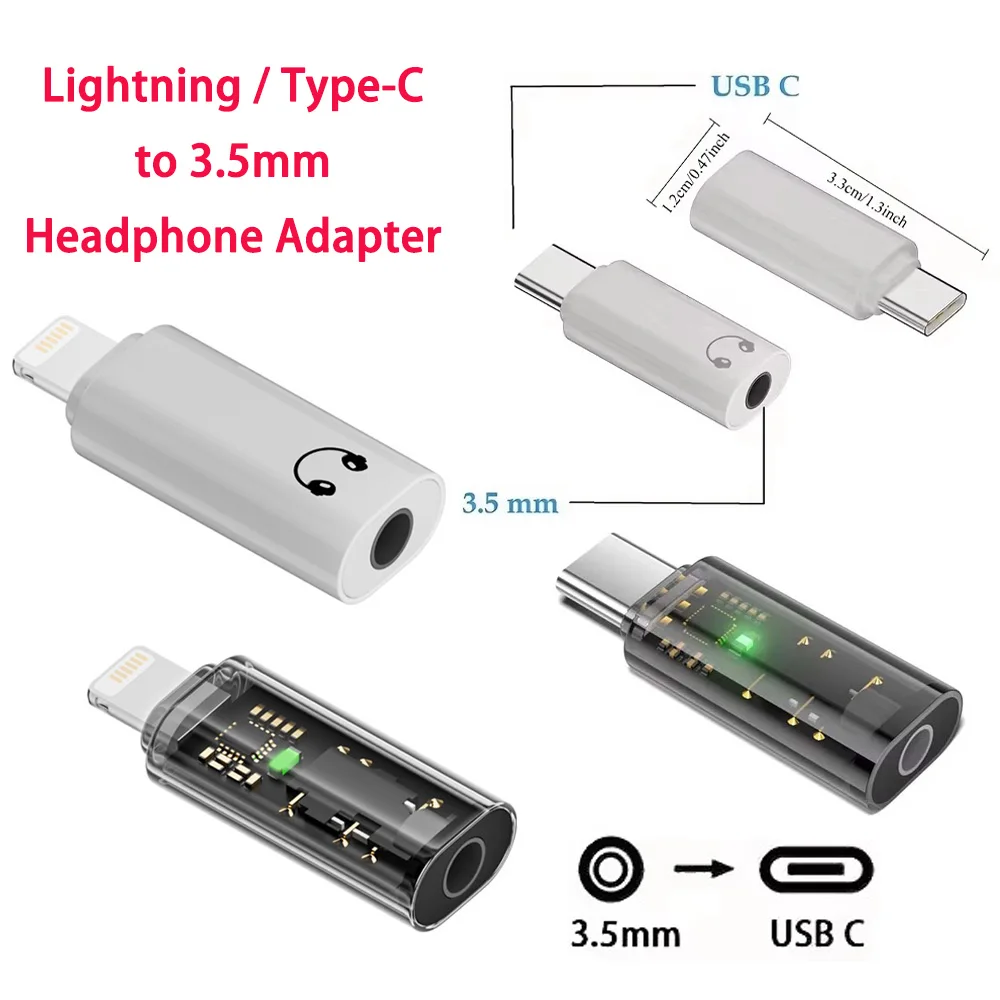 Combo Pack Lightning+Type-C to 3.5mm Headphone Adapter，Plug&Play, Durable, For iPhone, Samsung Galaxy, Most IOS&Android Devices