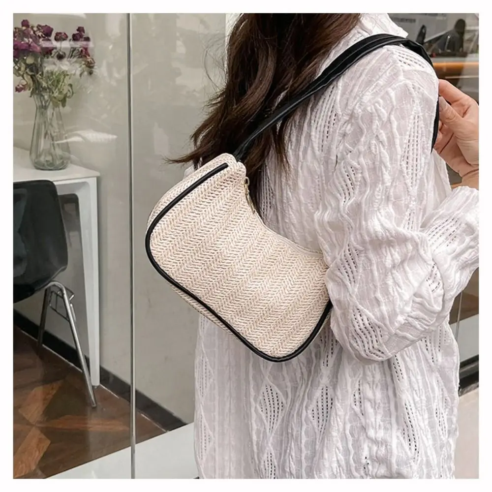 

Trendy Bohemian Straw Shoulder Bag Portable Elegant Weave Straw Underarm Bag Casual Zipper Mobile Phone Pouch Women