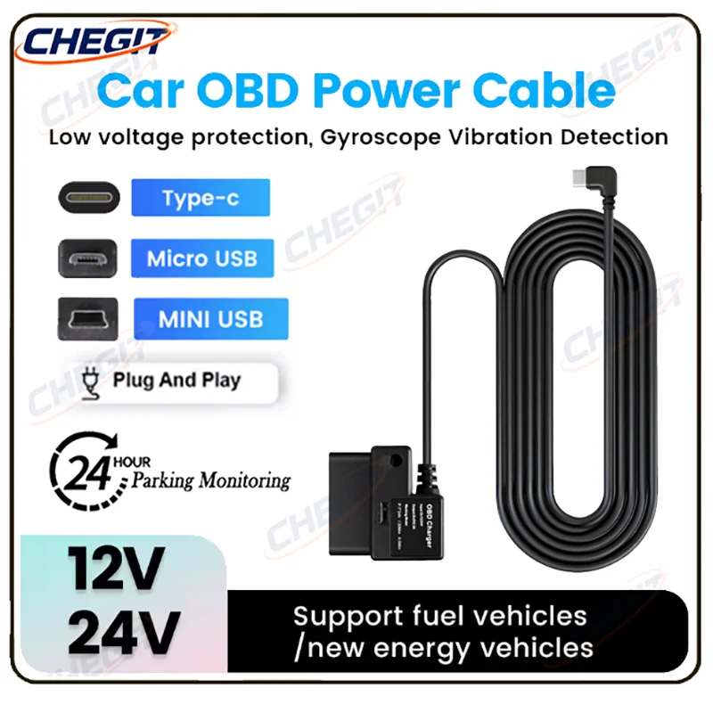 Dash Cam Hardwire Kit Buck Line OBD to USB Adapter Cable Dashcam Mirror CarPlay Monitor DVR Charger 24 Hours Parking Monitor