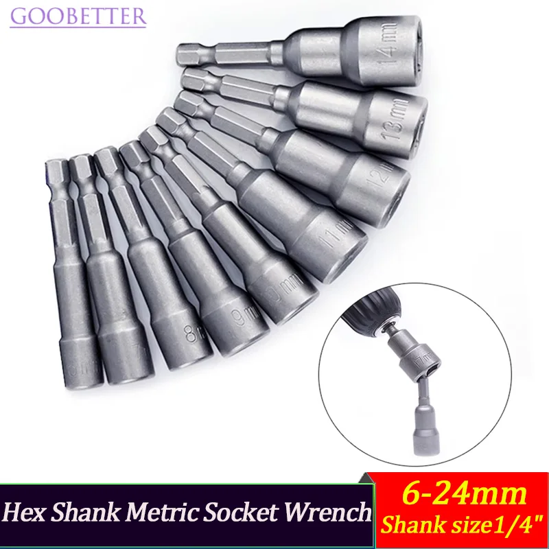 

Magnetic Nut Driver Set, Socket Adapter, Hex Shank, Power Nut Driver Drill Bit, Metric Socket Wrench Screw, 1/4 ", 6-24mm, 1Pc