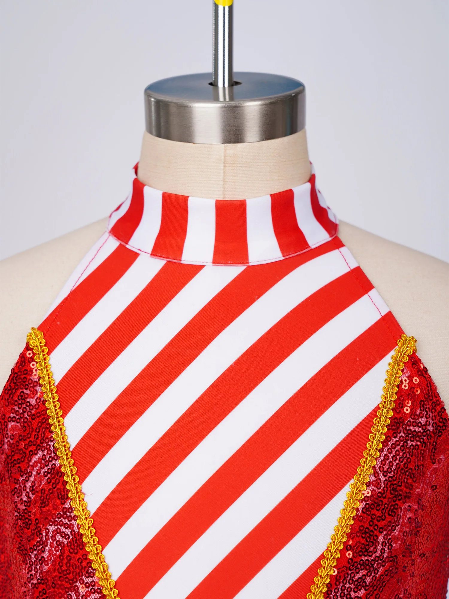 Kids Girls Christmas Candy Cane Striped Unitard Halter Backless Shiny Sequin Bell-bottom Jumpsuit Ballet Dance Gymnastic Leotard view 4