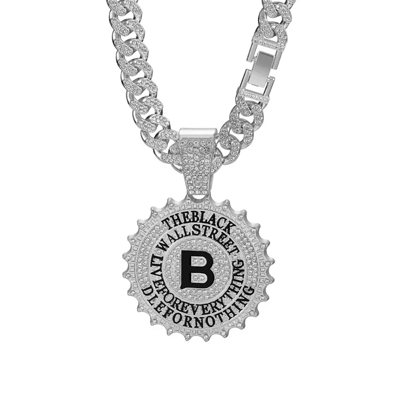 Hip Hop Round B Letter Pendant With Cuban Chain Necklace Men Gold Sliver Color Ice Out Crystal Sign Rock Bling Jewerly