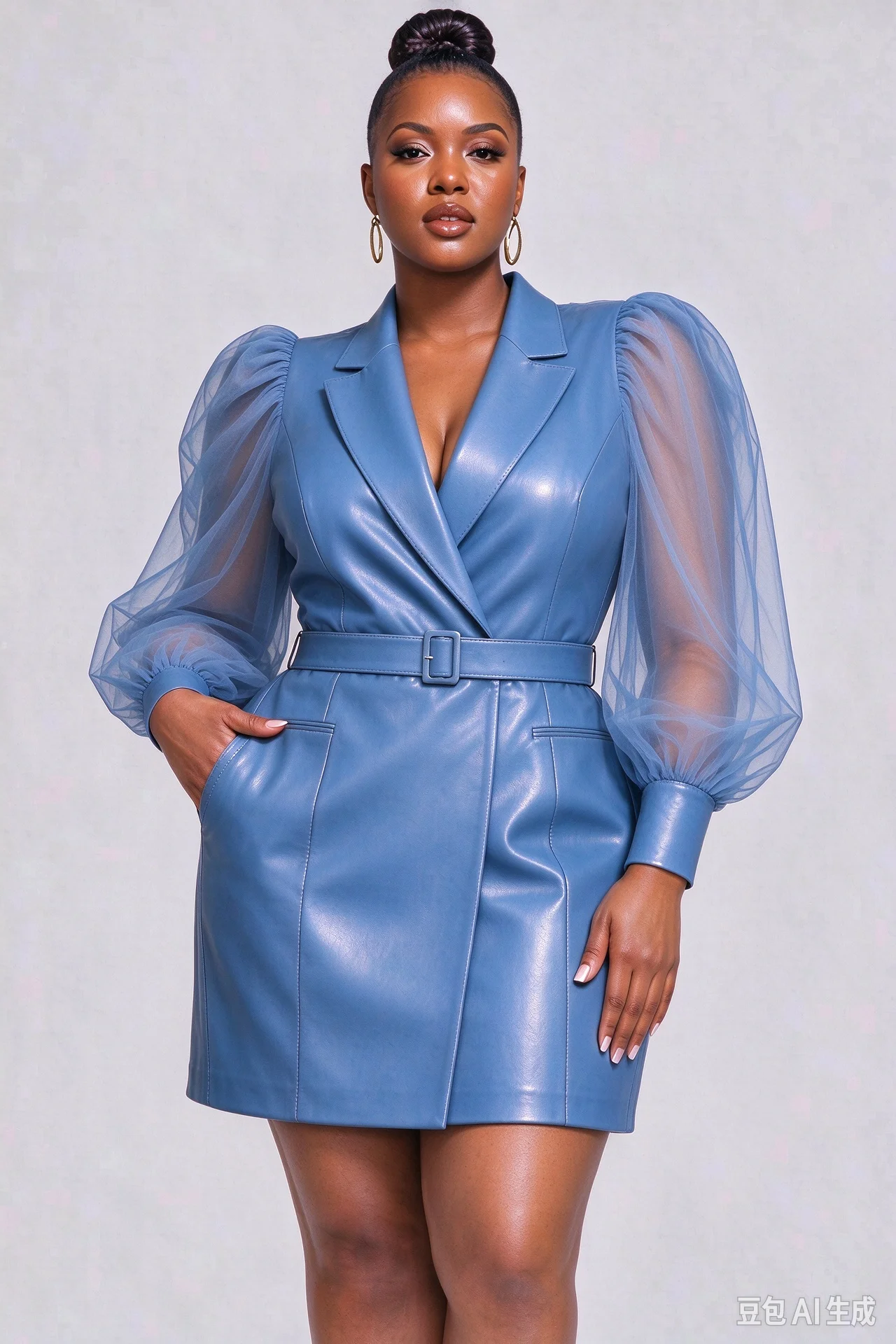 Women Plus Size Faux Leather Blazer Mini Dress Sheer Puff Tulle Sleeve Lapel Wrap Dress With Belt Pocket Elegant Short Dress