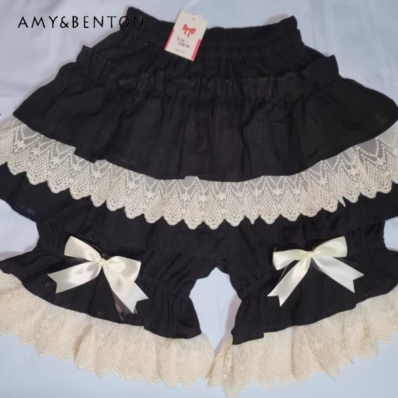 

Retro Design Black Jacquard Women's Pumpkin Pants 2026 New Sweet Cute Bow Lace Splicing Y2k Versatile Lolita Leggings Ladies