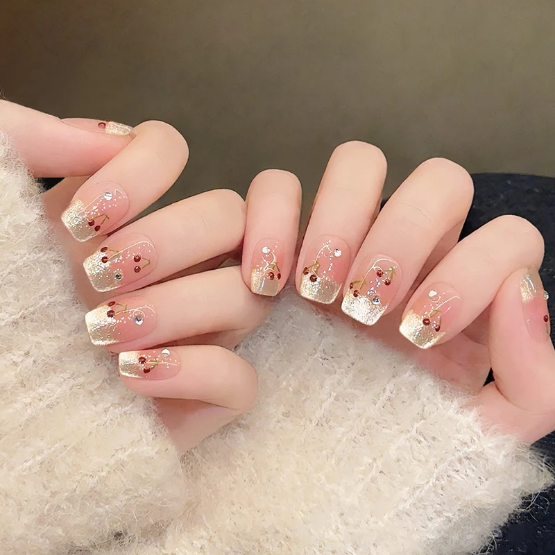 10Pcs French Cat Eye Square Handmade Press on Nail Fake Nails with Cherry Pattern Handmade Wearable False Nail Uñas Postizas 네일팁