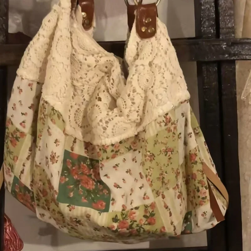 

Patchwork Lace Flower Print Shoulder Bags Vintage All Match Harajuku Women's Handbags Fashion Y2k Aesthetic Casual Underarm Bag