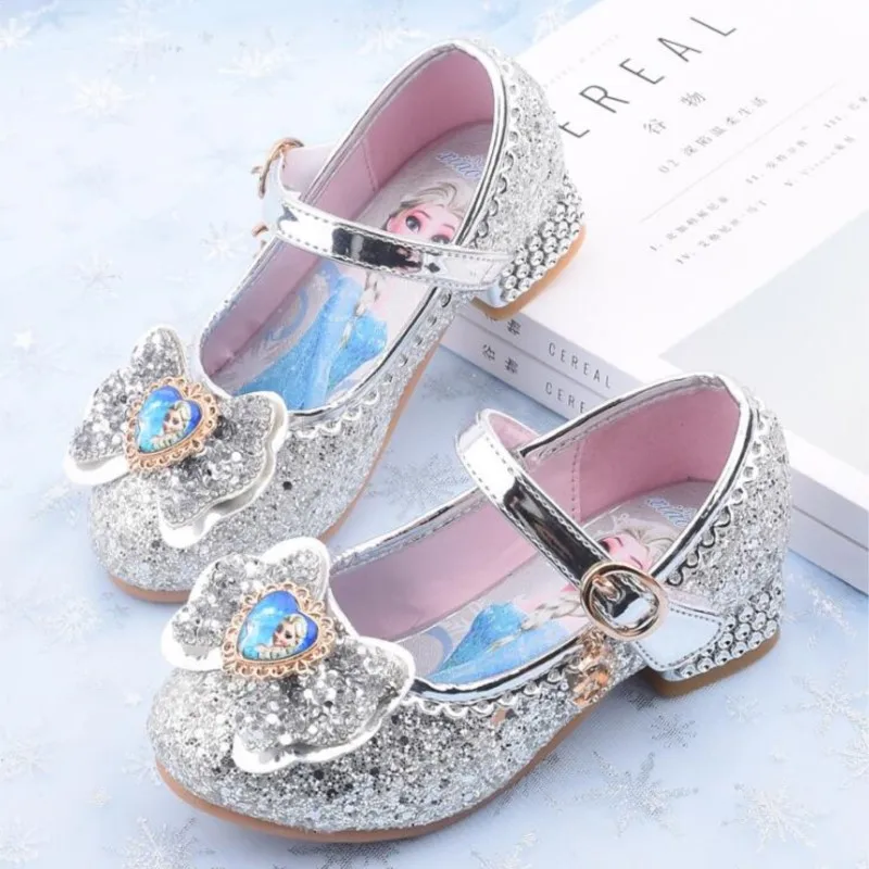 Cartoon girls casual shoes children high-heeled shoes Frozen 2 Elsa princess frozen cartoon bowknot leather crystal party shoes